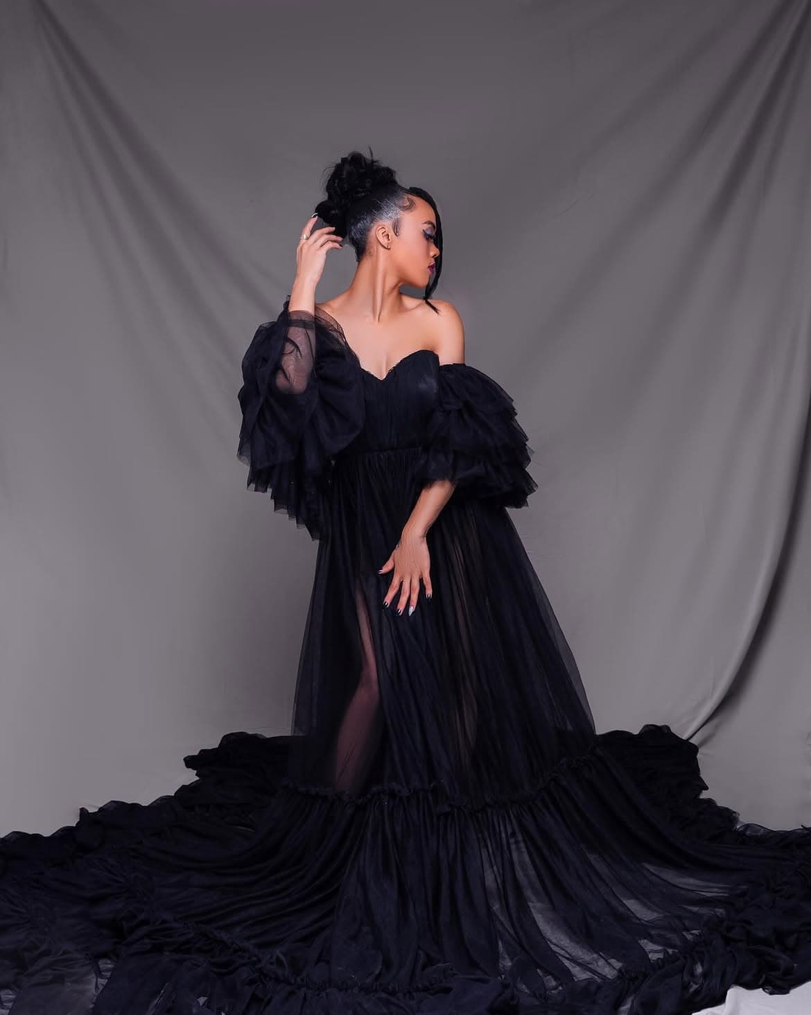Tiered Noir Tulle Ballgown