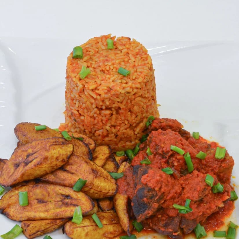 Party Jollof Rice Tower with Dodo & Peppered Beef