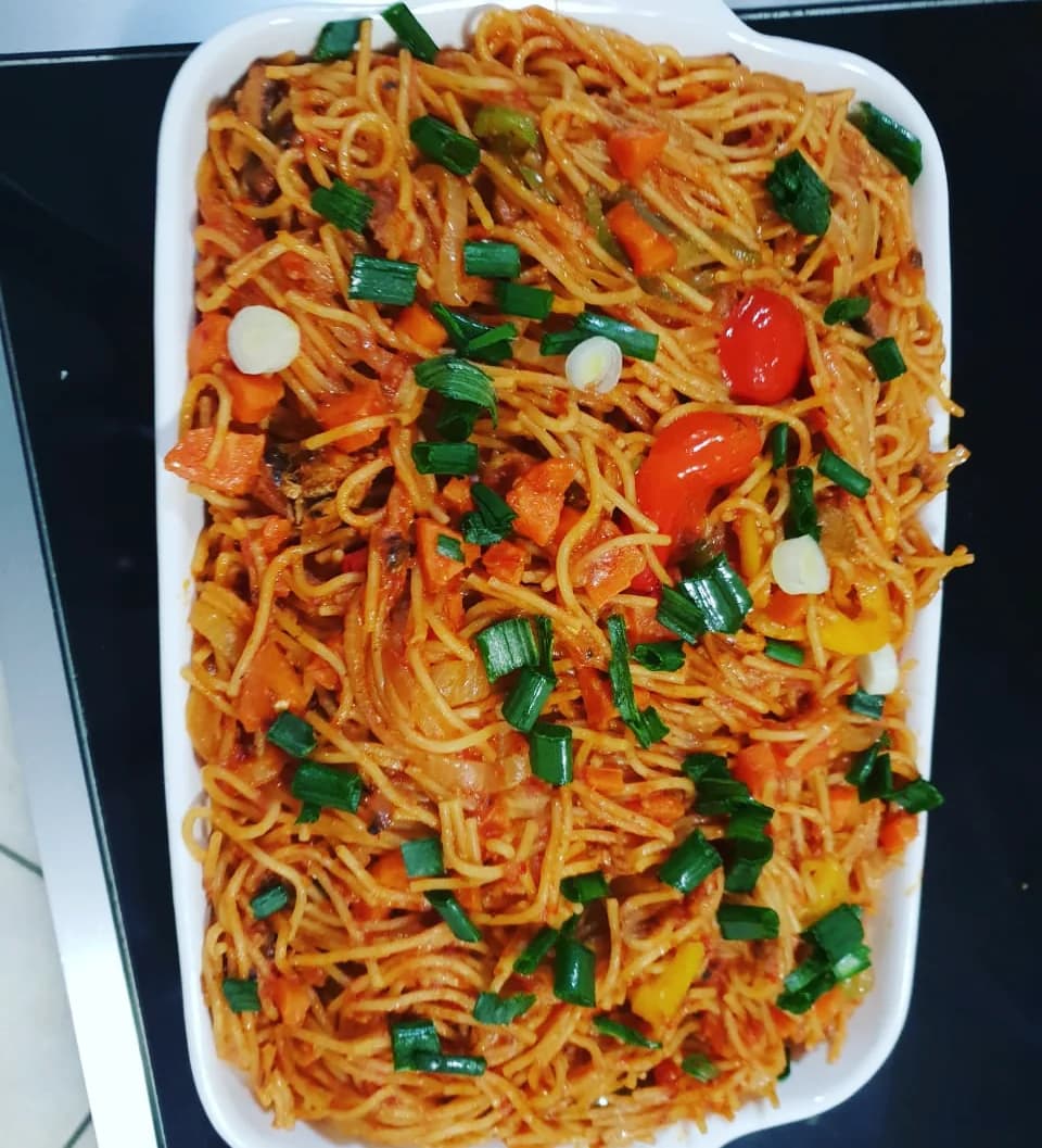 Party Jollof Spaghetti with Sliced Veggies & Scallions