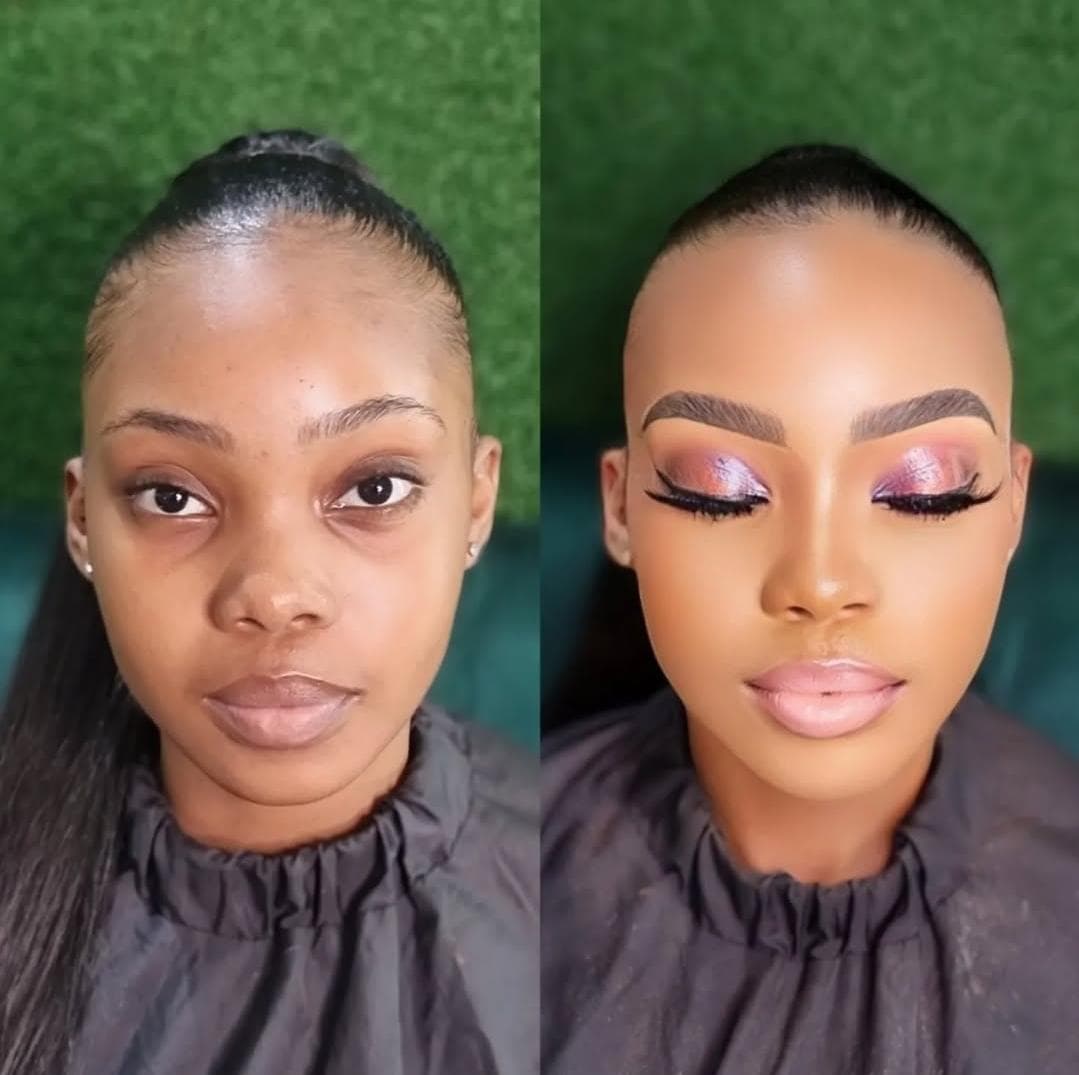 Half-face dramatic artistry before and after transformation with metallic pink cut-crease